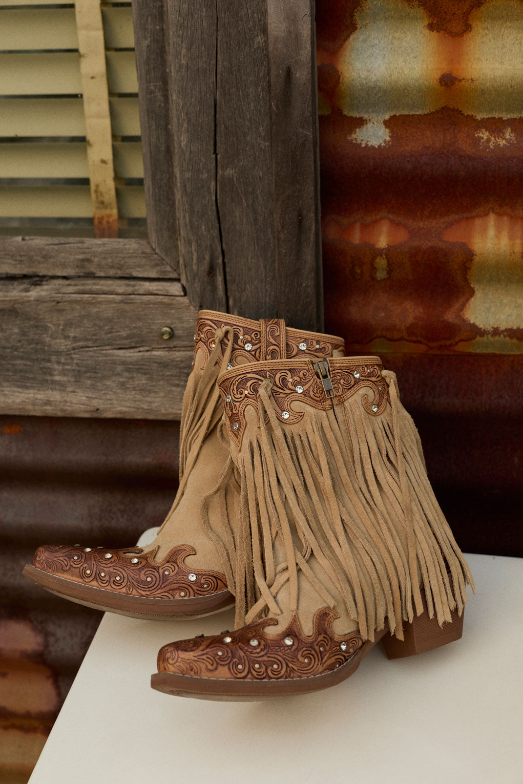 Myra Nashville Nights Fringe Boots for Women in Ember, Handtooled Genuine Leather with Swarovski Stones