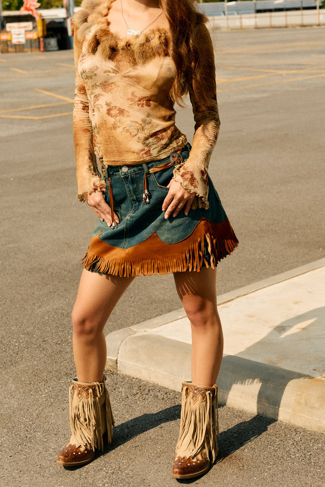 Myra Nashville Nights Fringe Boots for Women in Ember, Handtooled Genuine Leather with Swarovski Stones