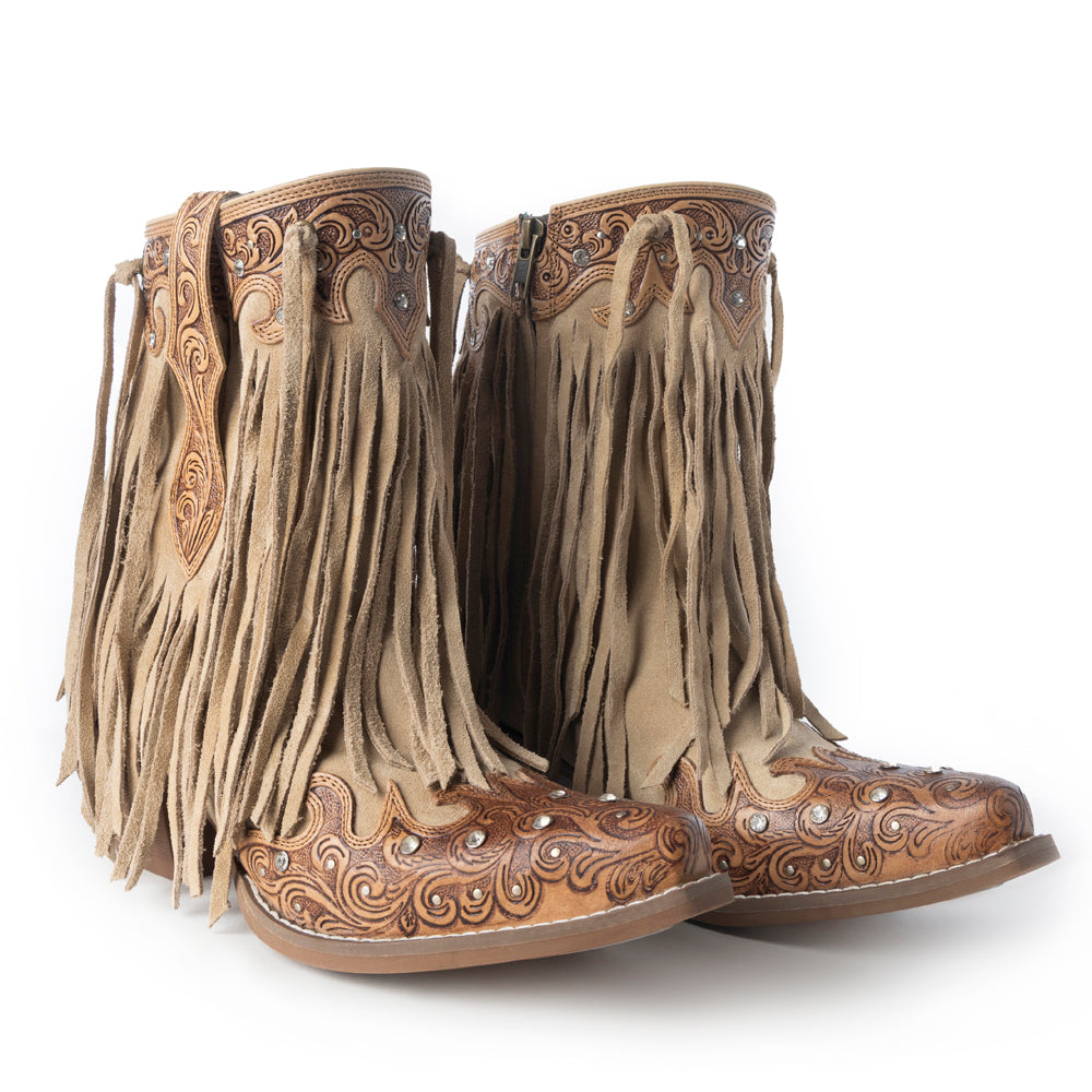 Myra Nashville Nights Fringe Boots for Women in Ember, Handtooled Genuine Leather with Swarovski Stones