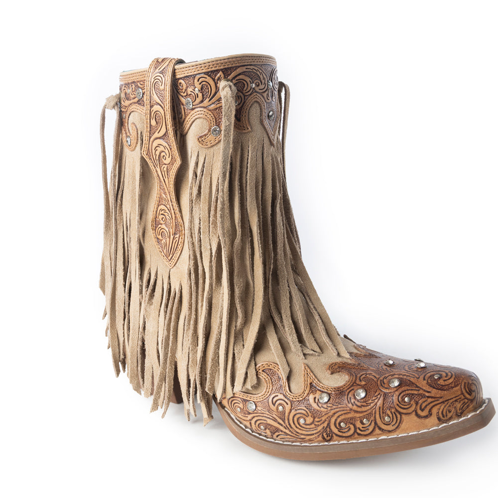 Myra Nashville Nights Fringe Boots for Women in Ember, Handtooled Genuine Leather with Swarovski Stones