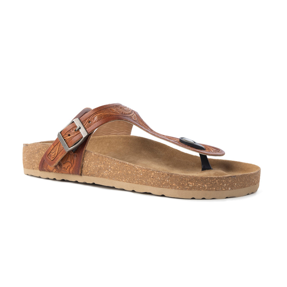 Myra Crockler Handtooled Leather Sandals for Women â€“ Adjustable Western Straps with Comfortable Cork Sole and Engraved Floral Pattern