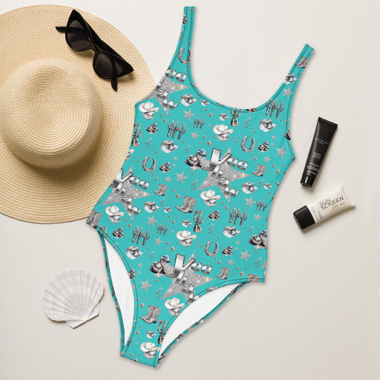 Yeehaw Rhinestone Cowgirl Turquoise One-Piece Swimsuit