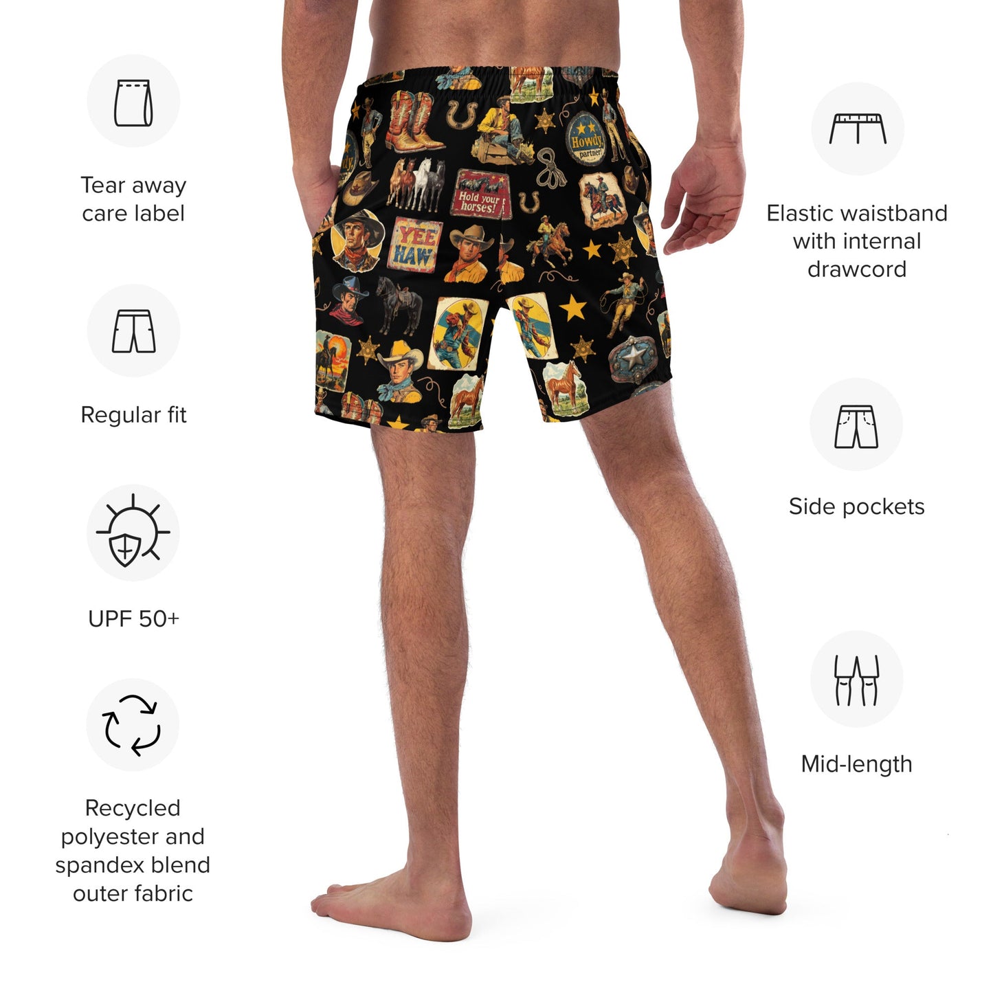 Vintage Cowboy Collage Western Swim Trunks Shorts