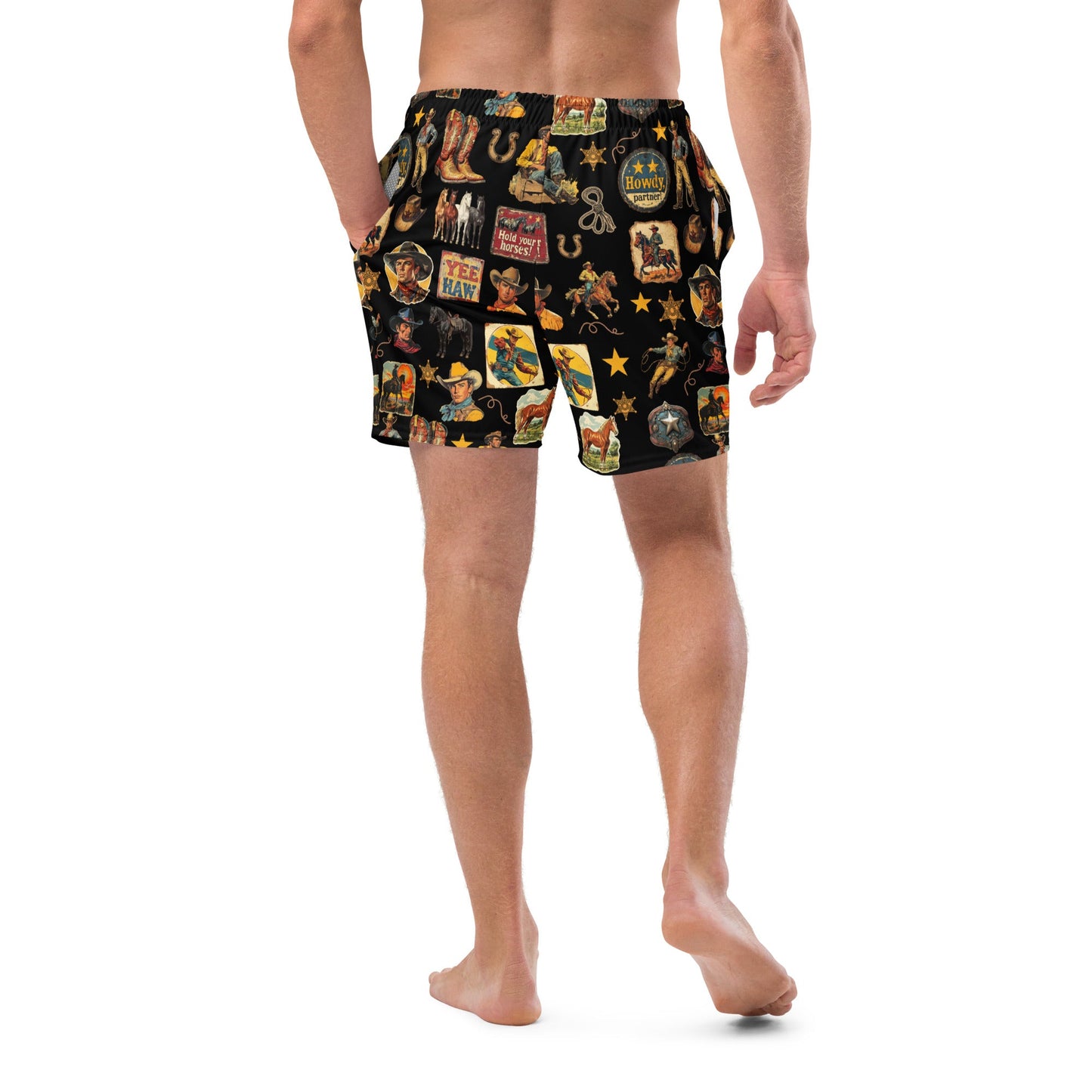 Vintage Cowboy Collage Western Swim Trunks Shorts