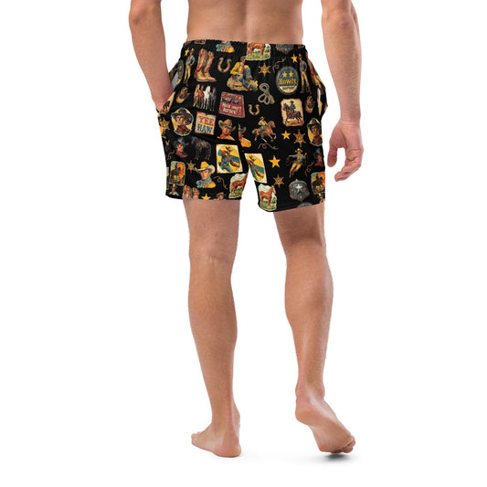Vintage Cowboy Collage Western Swim Trunks Shorts