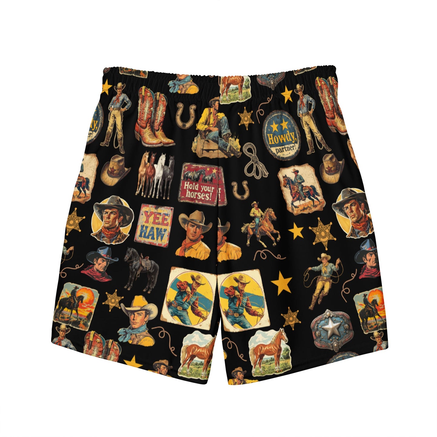 Vintage Cowboy Collage Western Swim Trunks Shorts