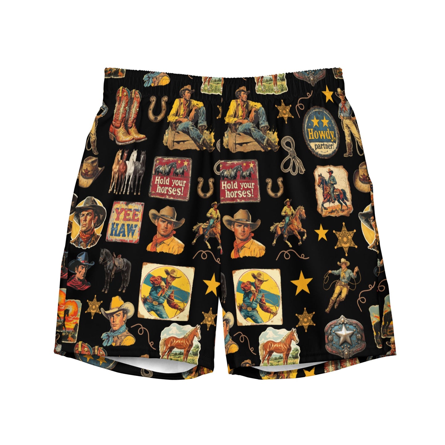 Vintage Cowboy Collage Western Swim Trunks Shorts