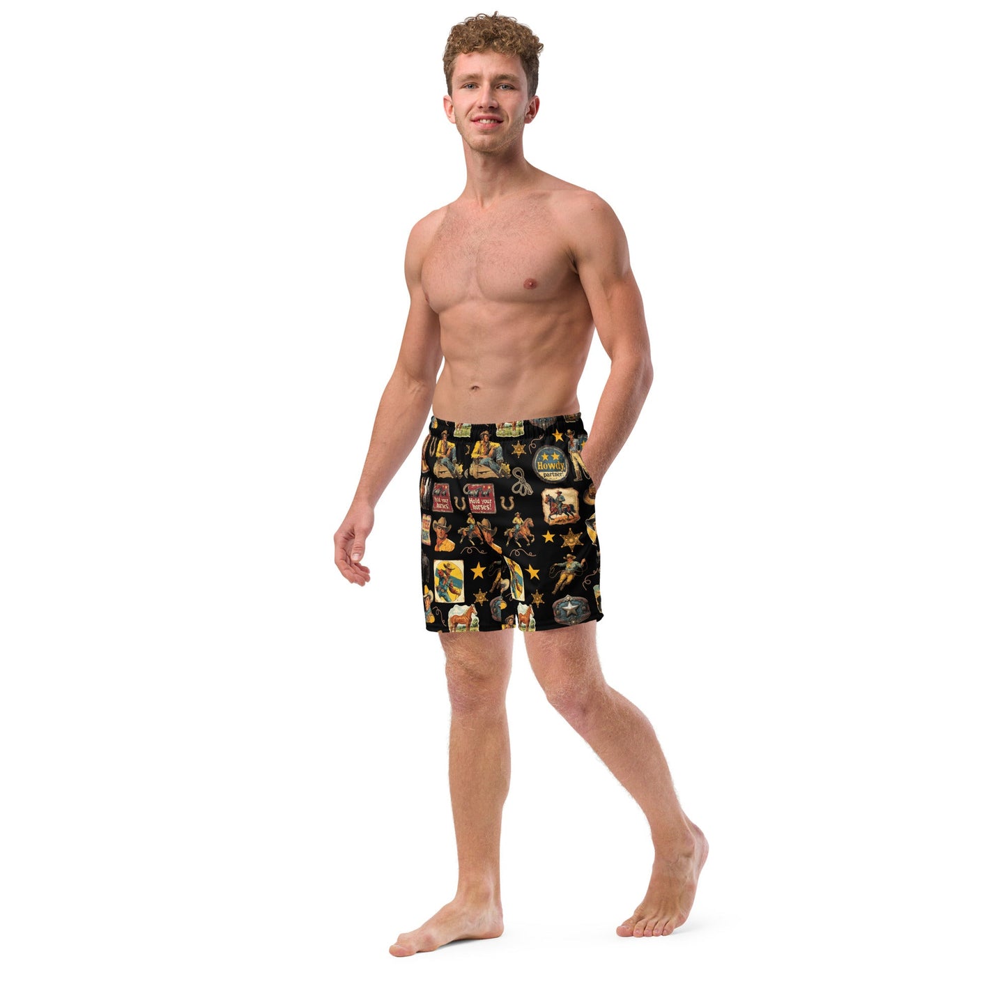 Vintage Cowboy Collage Western Swim Trunks Shorts