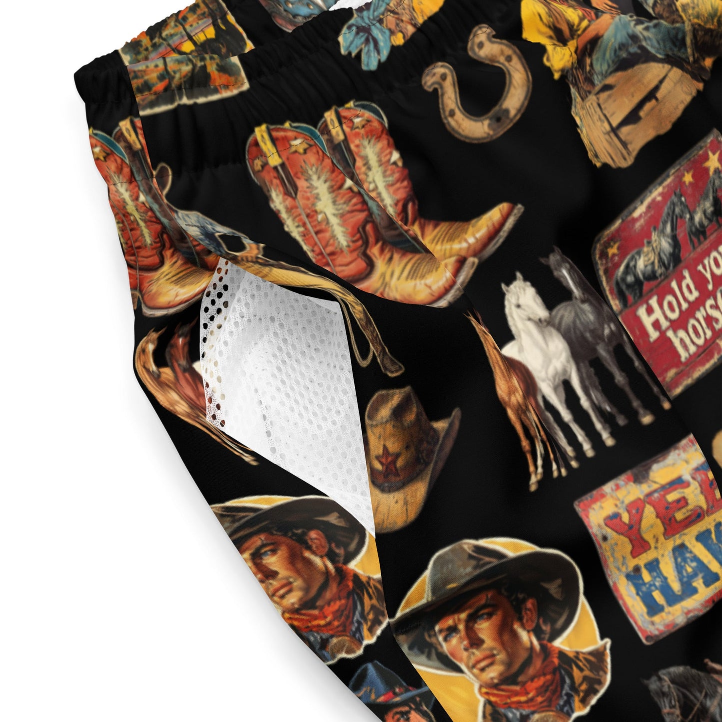 Vintage Cowboy Collage Western Swim Trunks Shorts