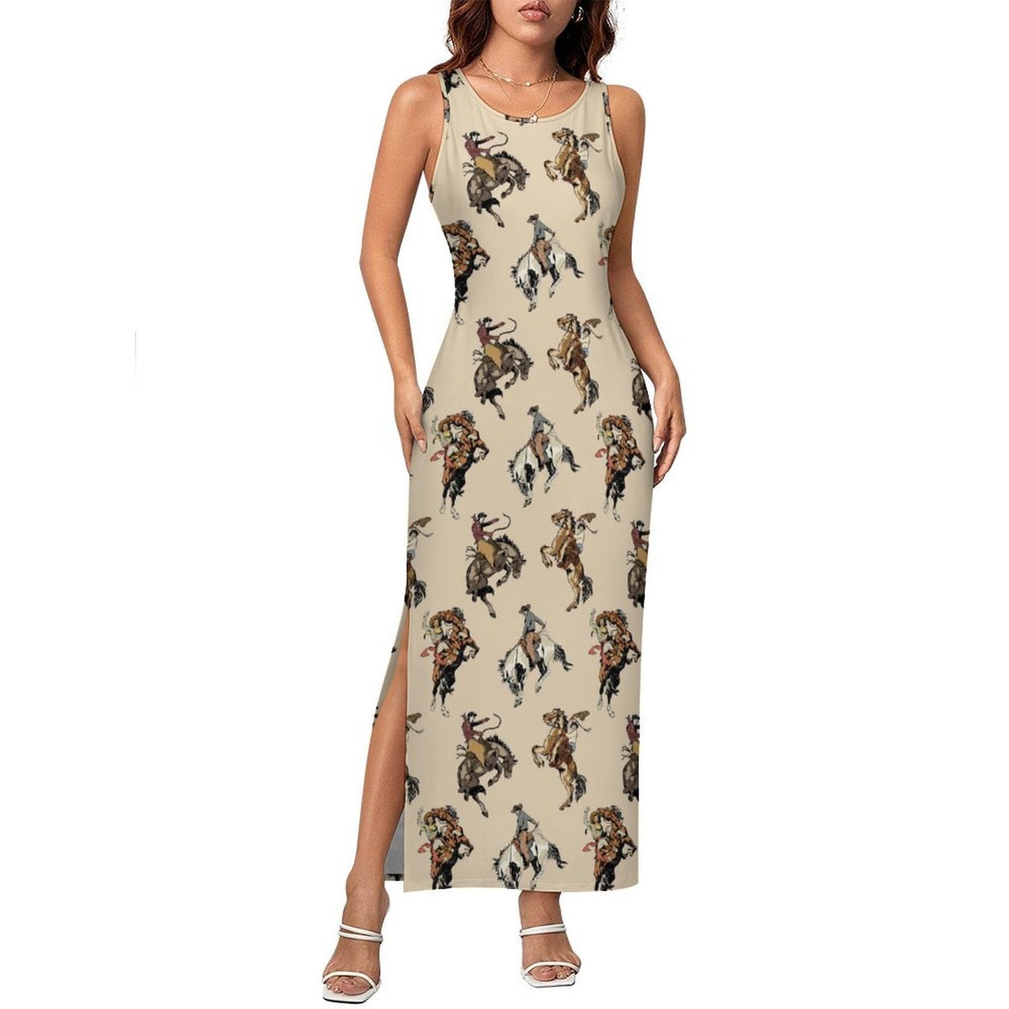 Baha Ranch Vintage Cowgirl Sleeveless Bodycon Side Slit Long Maxi Dress