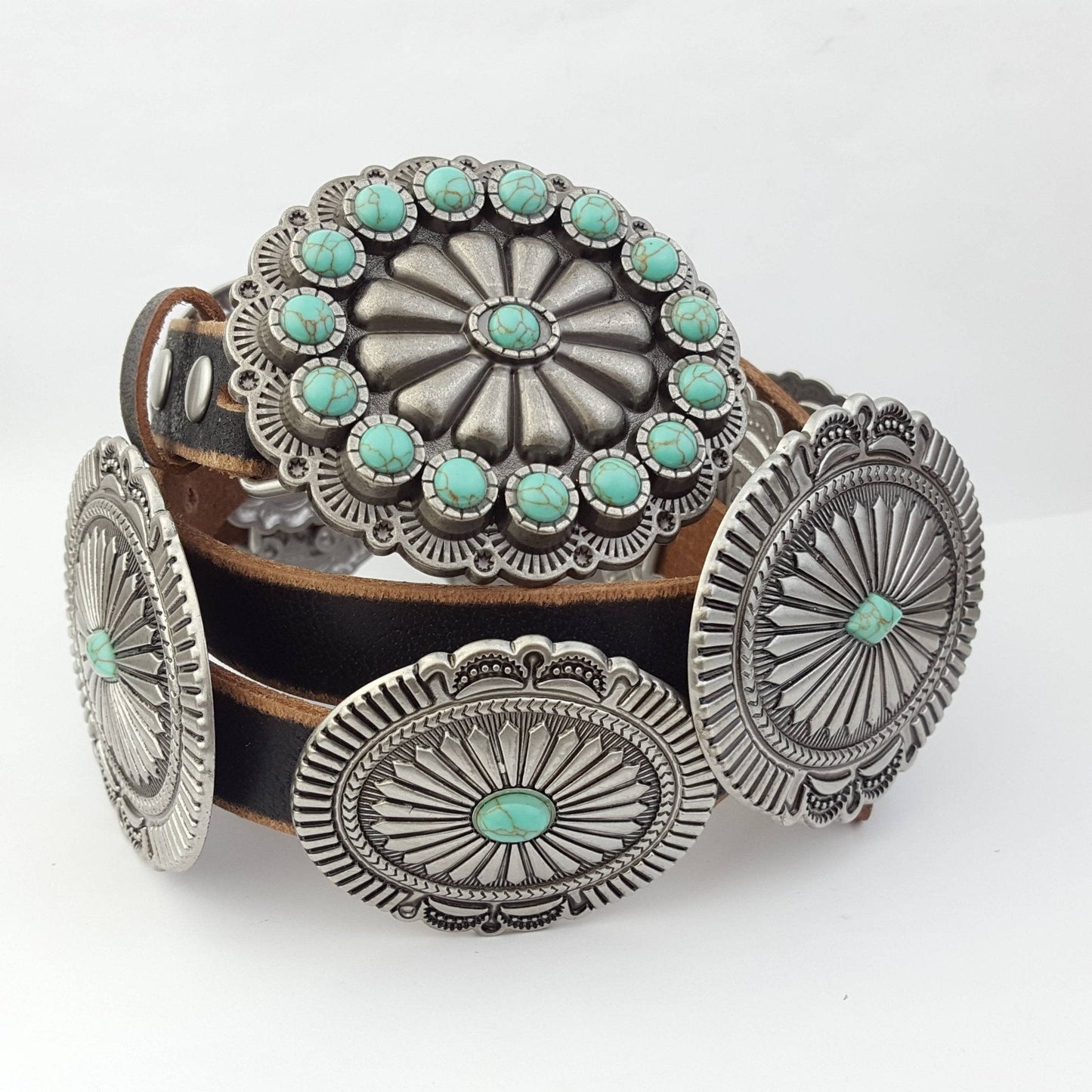 Genuine Distressed Leather Western Concho Belt with Faux Turquoise Stone Buckle